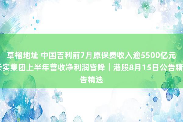 草榴地址 中国吉利前7月原保费收入逾5500亿元 长实集团上半年营收净利润皆降｜港股8月15日公告精选